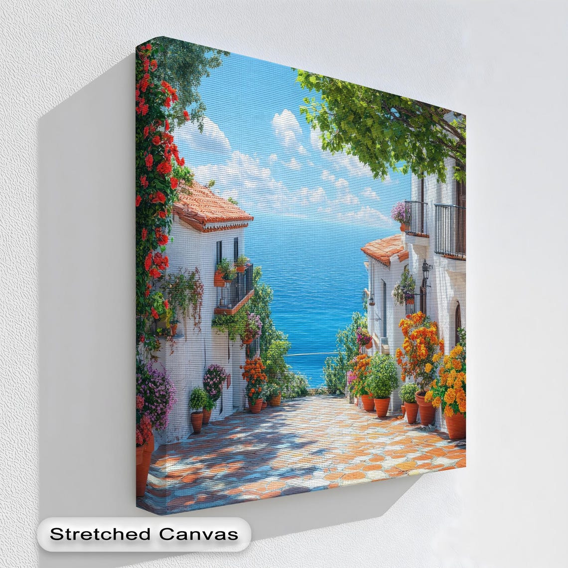 Mediterranean Seaside Village Flowers Ocean View Canvas Print