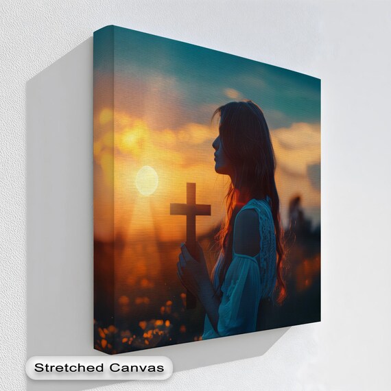 Sunset Prayer Canvas Art Girl With Cross Natural Floating Frame