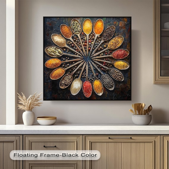 Colorful Spice Spoons Radial Mandala Arrangement Rustic Kitchen Art Poster