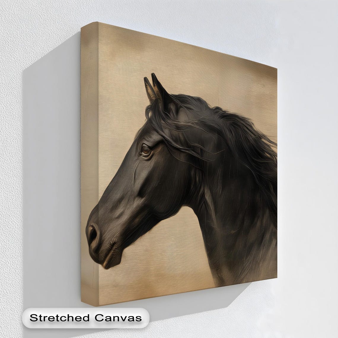 Black Horse Head Portrait Beige Background Elegant Equestrian Wall Art