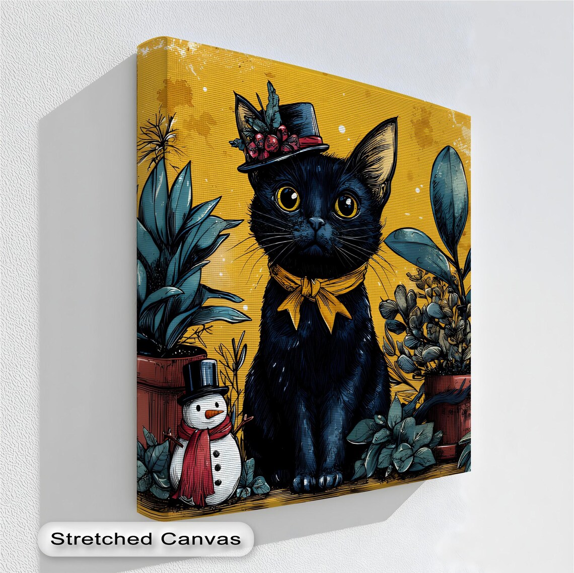Black Cat Christmas Top Hat Snowman Whimsical Holiday Feline Decor Poster