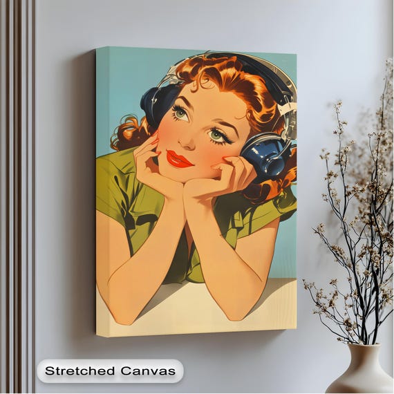 Retro Girl With Headphones Art Print 1950s Pinup Pop Style