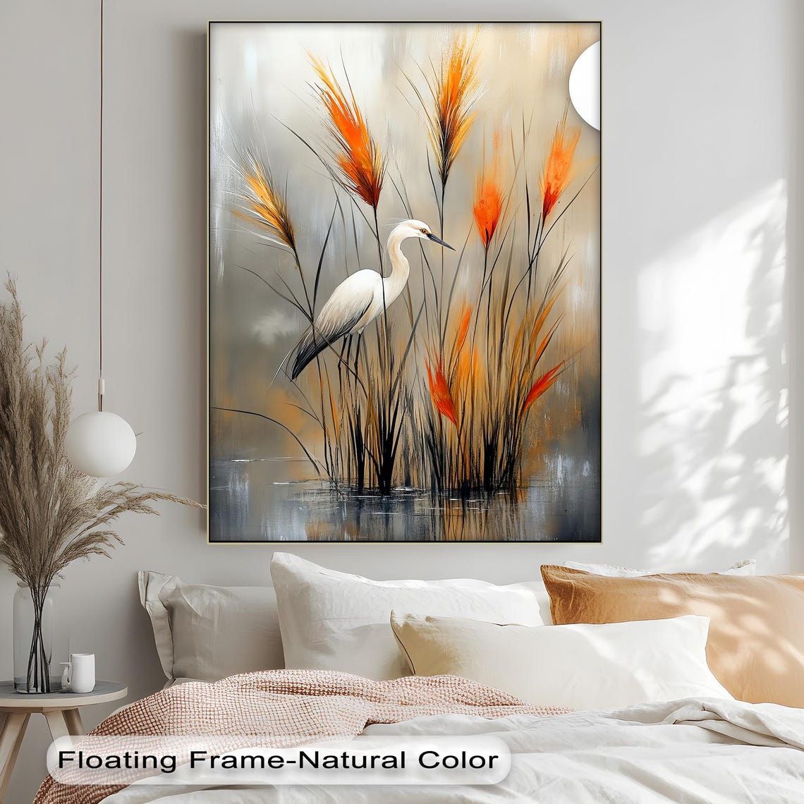 White Egret Autumn Reeds Wetland Bird Rustic Botanical Poster
