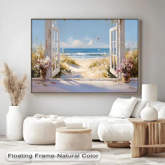 Seaside Window View Beach Canvas Print Ocean Breeze Floral Decor