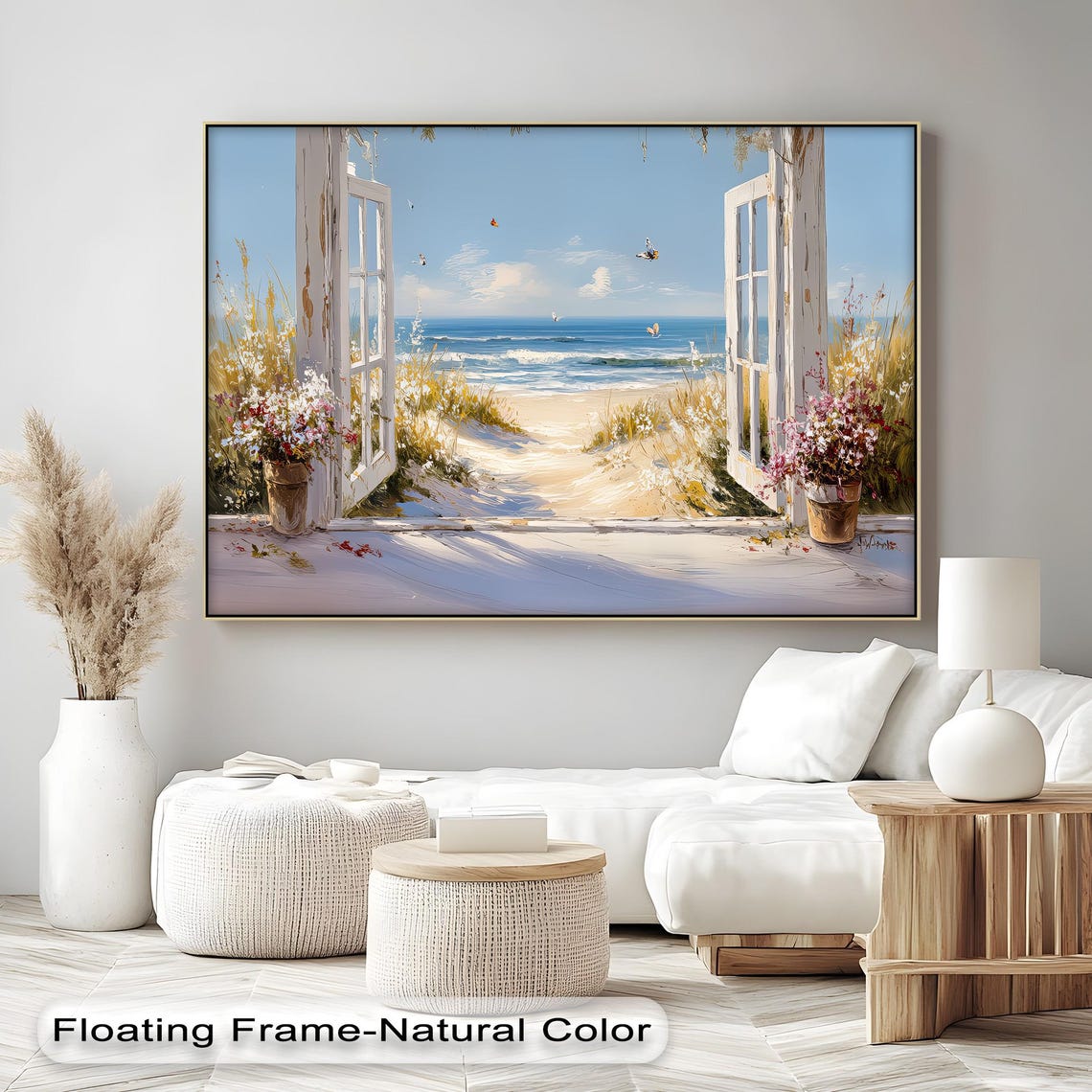 Seaside Window View Beach Canvas Print Ocean Breeze Floral Decor