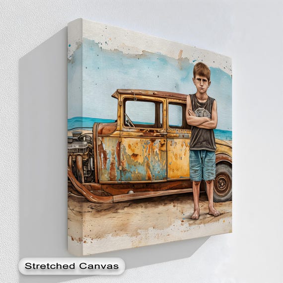 Retro Boy With Rusty Car Canvas Art Beachside Childhood Illustration