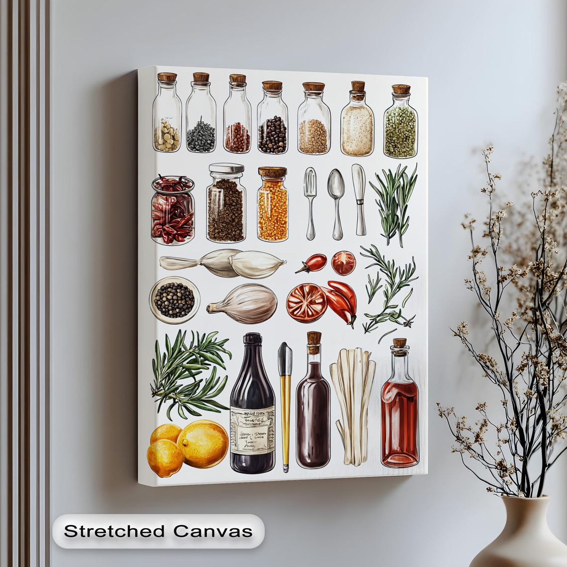 Modern Kitchen Spice Bottles Herbs Oils Minimalist Culinary Art Poster