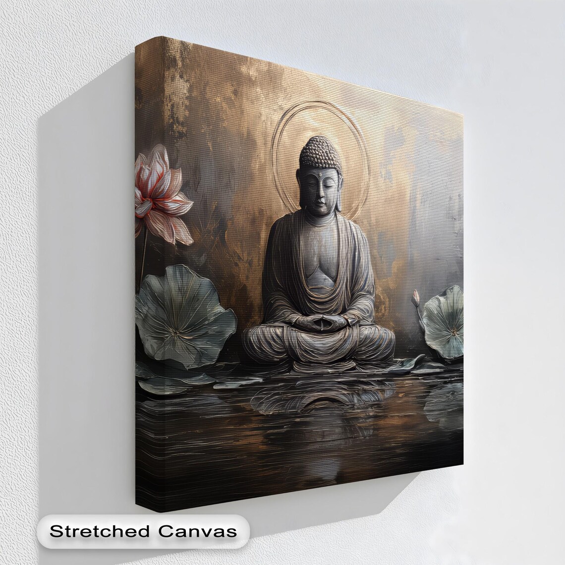 Golden Buddha Meditating Lotus Flowers Zen Spiritual Art Print