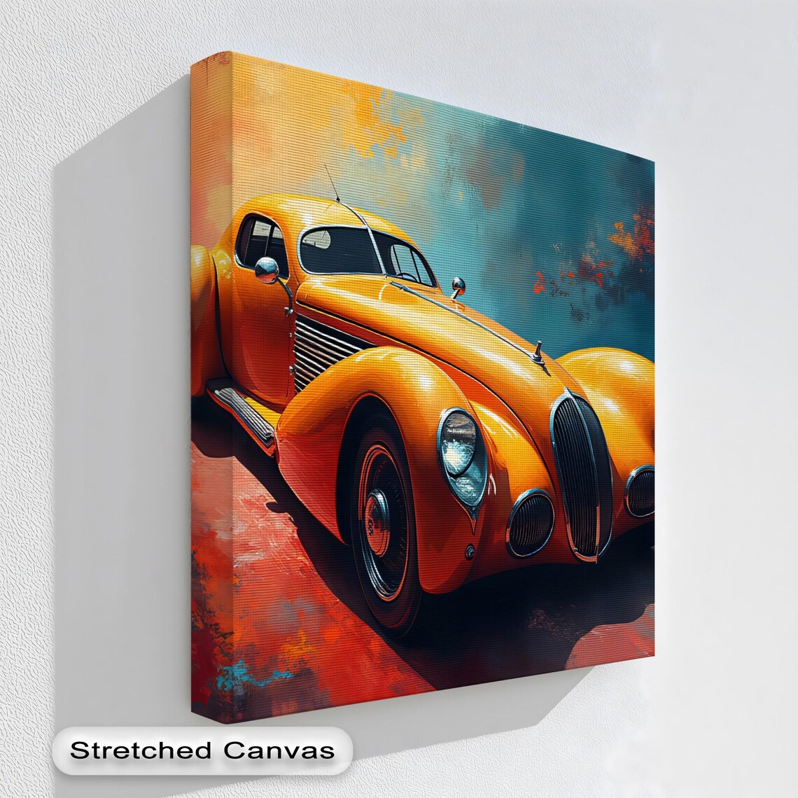 Vintage Orange Sports Car Print Retro Racing Art Abstract Background