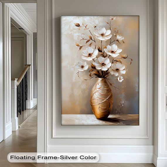 White Flower Vase Canvas Art Elegant Floral Print Modern Botanical Decor