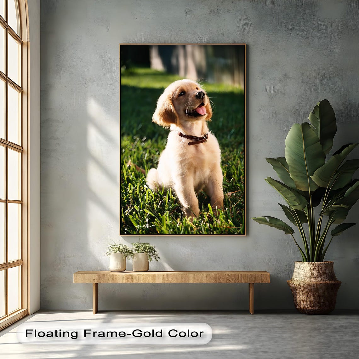 Golden Retriever Puppy Sitting Grass Photo Style Happy Dog Poster