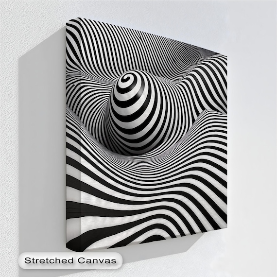 Optical Illusion Canvas Art Black White Wavy Abstract Anthracite Frame