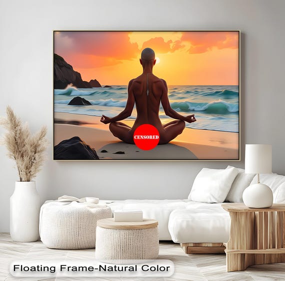 Zen Nude Woman Meditating At Sunset Beach Serenity Canvas Print Peaceful Yoga Pose Wall Art With Natural Floating Frame