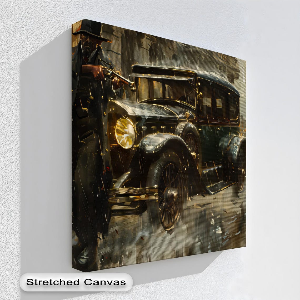Noir Gangster With Vintage Car Rainy Night City Crime Scene Print