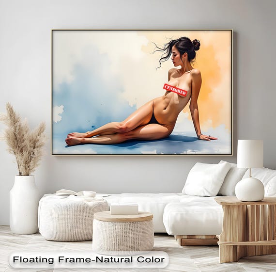 Minimalist Nude Woman Canvas Elegant Reclining Female Art With Soft Pastel Background Floating Frame Sensual Wall Decor