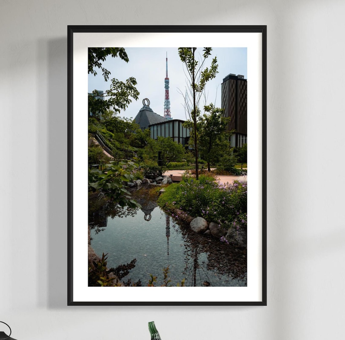 Tokyo Tower Seen From Garden Pond Reflection Daytime Photo Poster