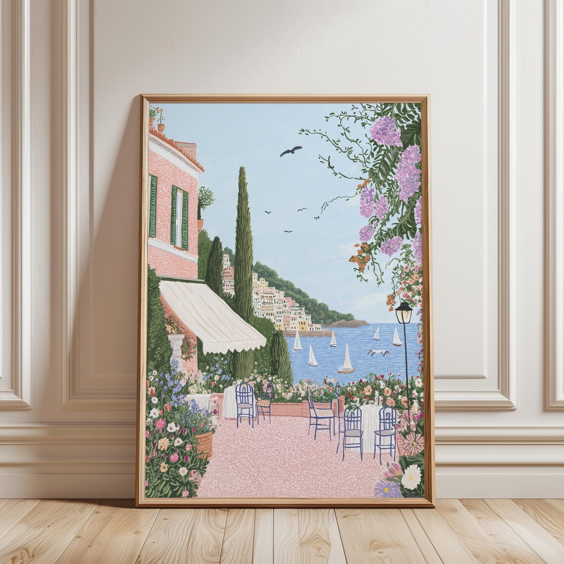 Coastal Cliffside Cafe Terrace Sailboats Bougainvillea Summer Poster