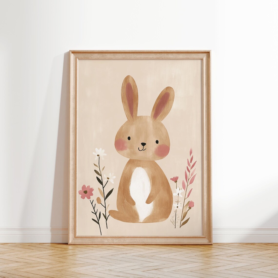 Brown Bunny Wildflowers Watercolor Beige Nursery Kids Wall Art