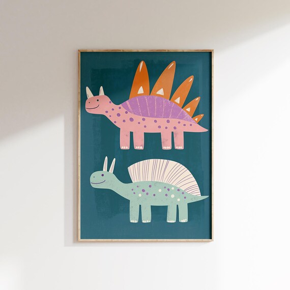Two Colorful Smiling Dinosaurs On Teal Kids Room Wall Poster