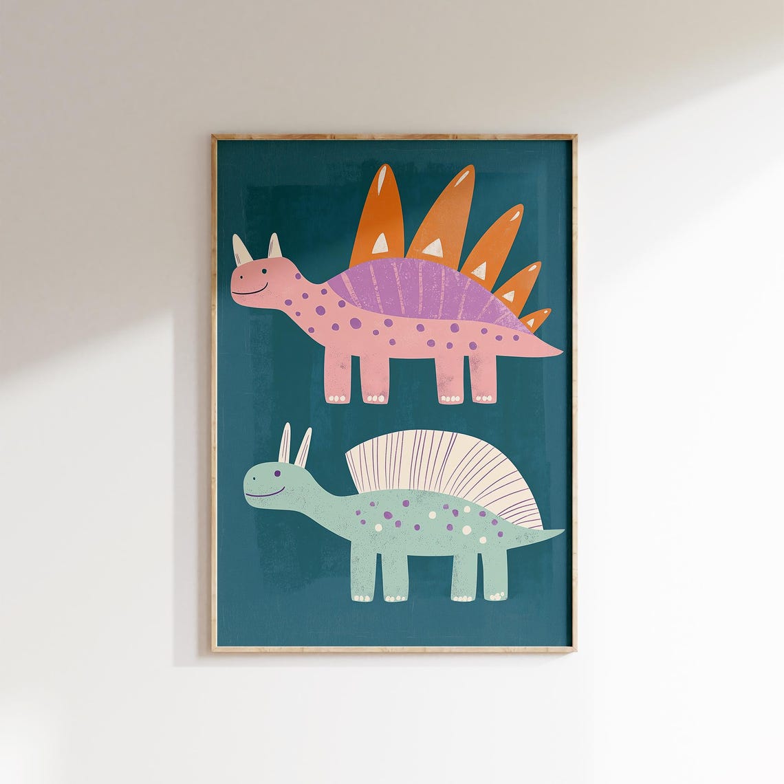 Two Colorful Smiling Dinosaurs On Teal Kids Room Wall Poster