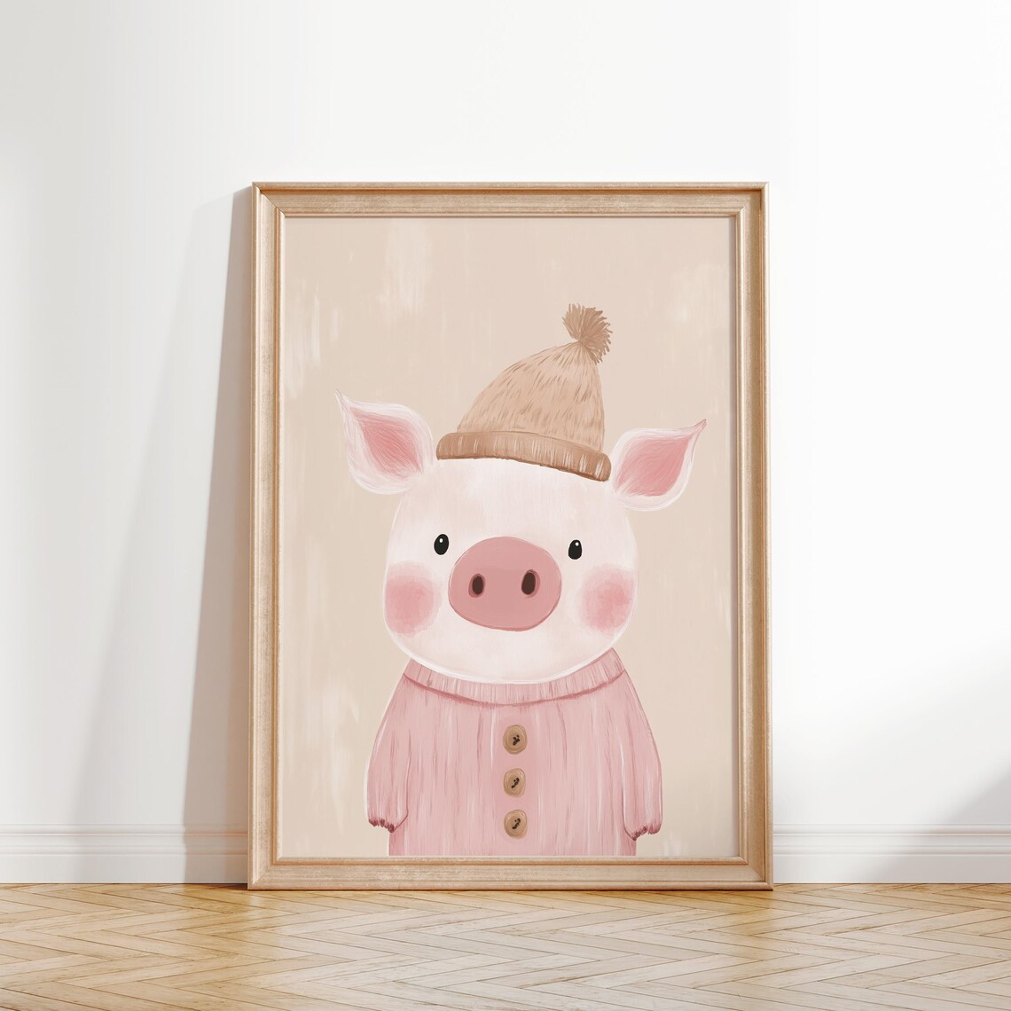 Cute Pig In Pink Sweater And Knit Beanie Nursery Watercolor Poster