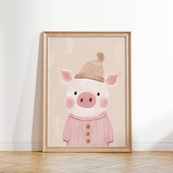 Pig In Sweater Print Pink Nursery Wall Art Kids Room Decor Cute Pig Illustration Playroom Poster Pink Girls Room Decor