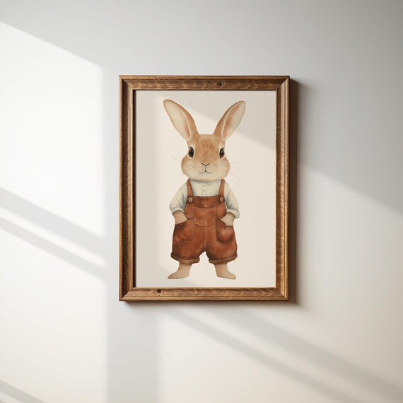 Sweet Little Bunny In Brown Overalls Watercolor Nursery Poster
