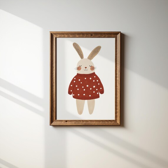 Cute Bunny Wearing a Red Polka Dot Sweater Sweet Nursery Animal Poster