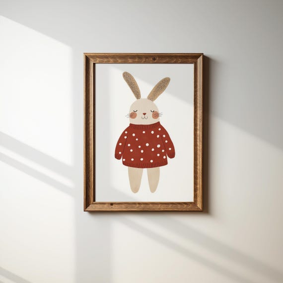 Kids Bunny In Sweater Print Nursery Wall Art Cute Animal Poster Kids Room Decor Bunny Illustration For Baby Room Vintage Nursery