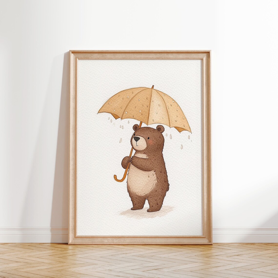 Cute Bear Holding Umbrella Rainy Day Watercolor Nursery Theme Art Poster - Image 2