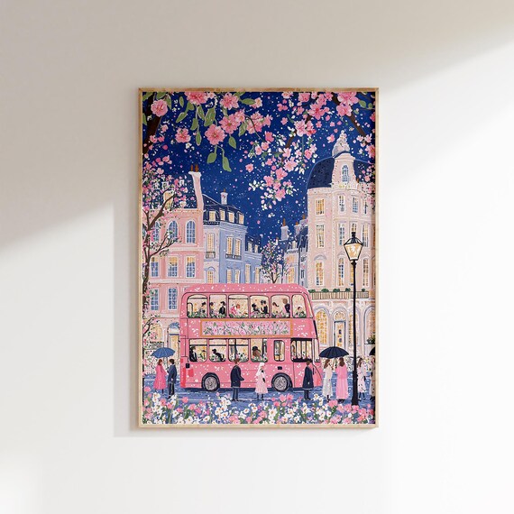London Night Pink Double Decker Bus Blossom Street Evening Poster