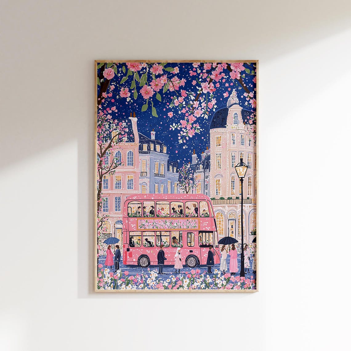 London Night Pink Double Decker Bus Blossom Street Evening Poster