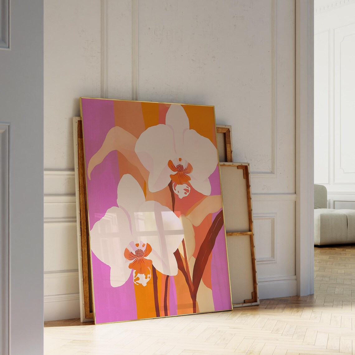 White Orchid Flower Print Pink Orange Minimalist Modern Floral Poster - Image 5
