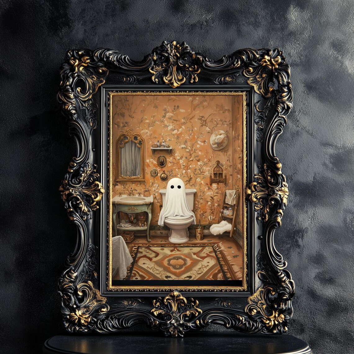Vintage Ghost on Toilet Art Poster in a Spooky Retro Bathroom - Image 2