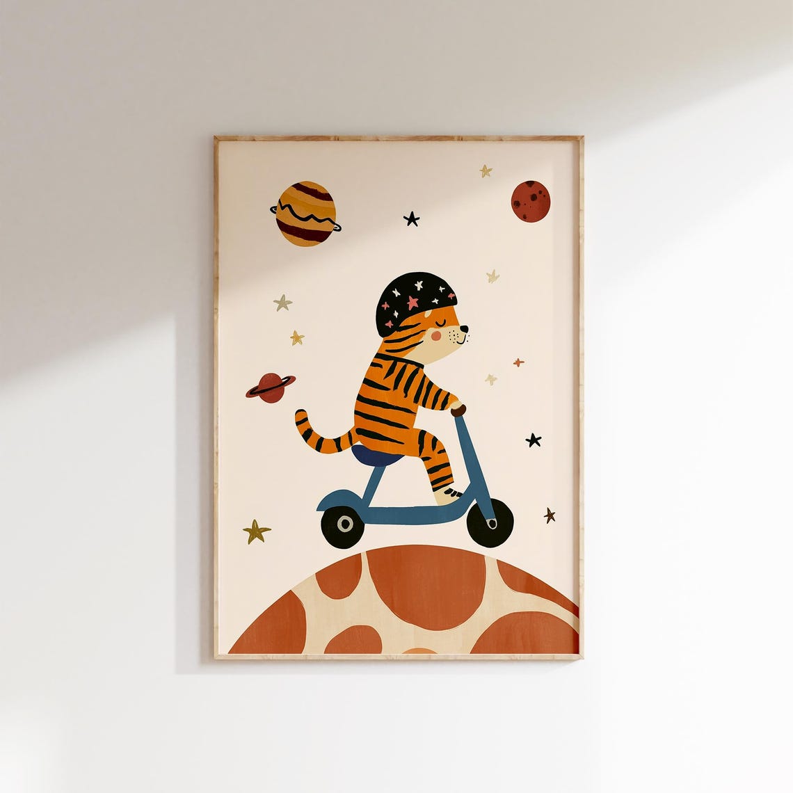 Cute Tiger Cub Riding Scooter Over Planet Space Nursery Poster
