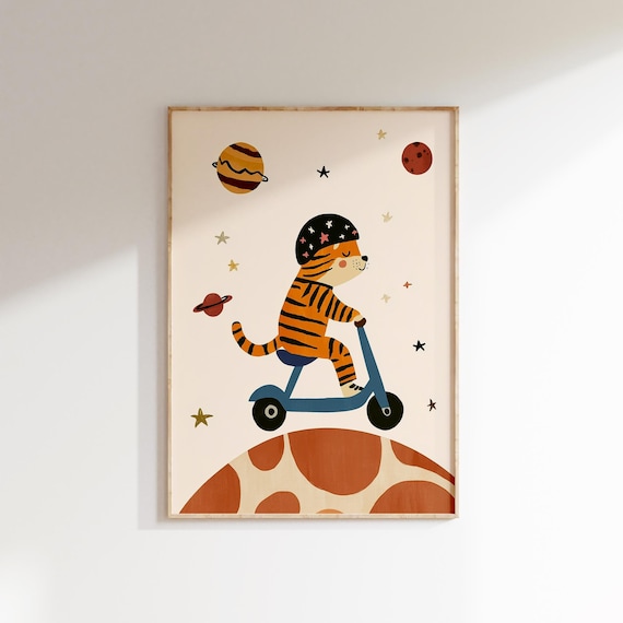 Cute Tiger Cub Riding Scooter Over Planet Space Nursery Poster