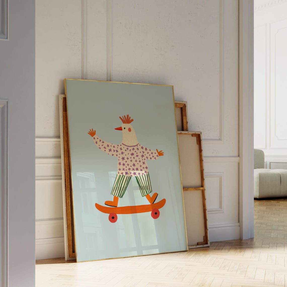 Chicken On Skateboard Fun Whimsical Bird Kids Room Animal Art Poster - Image 3