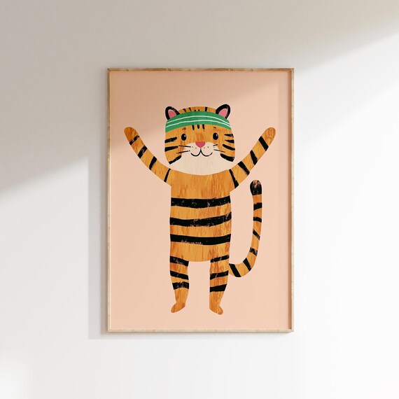 Cheerful Tiger Green Headband Playful Jungle Kids Room Poster