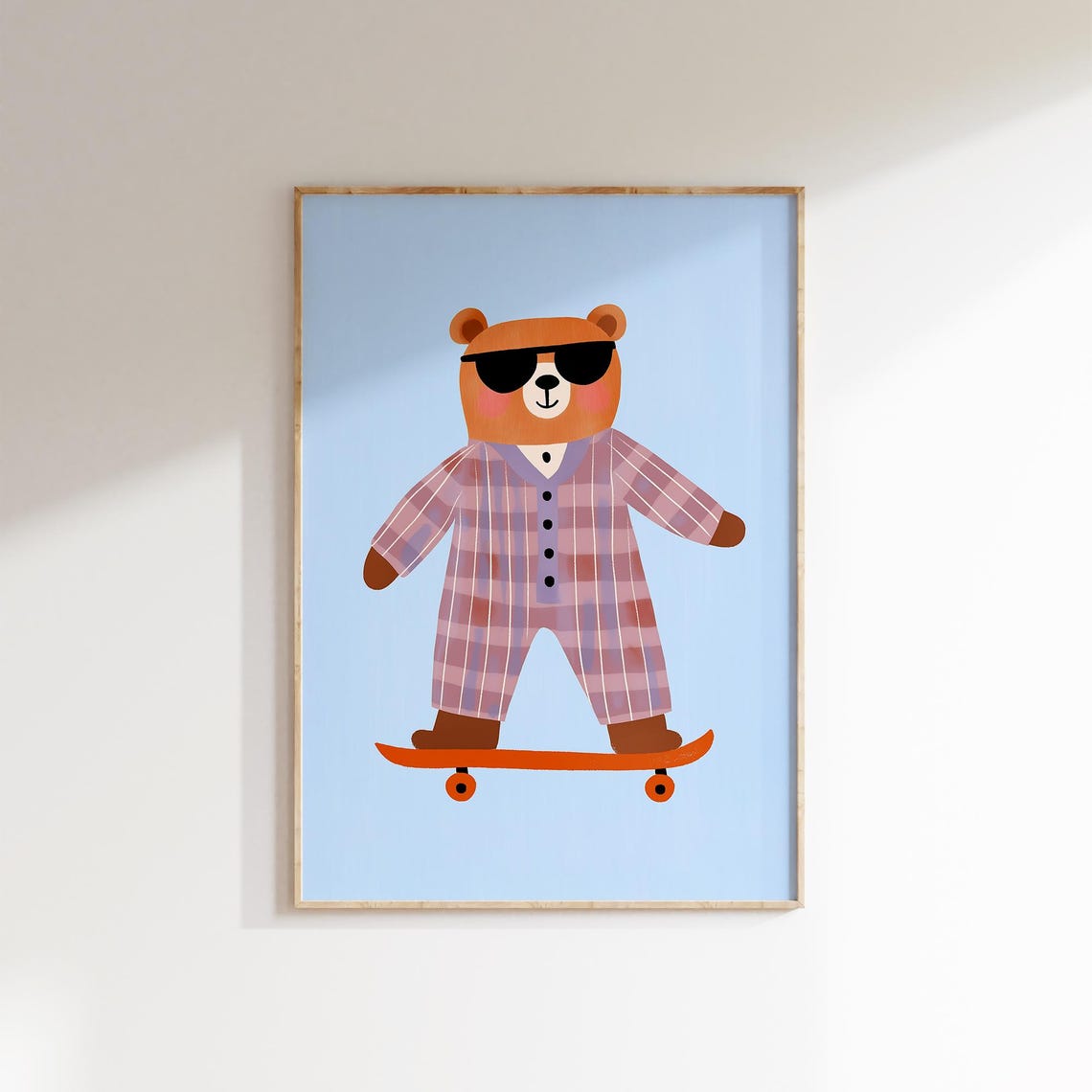 Cool Skateboard Bear Sunglasses Pajamas Blue Kids Room Wall Poster - Image 3