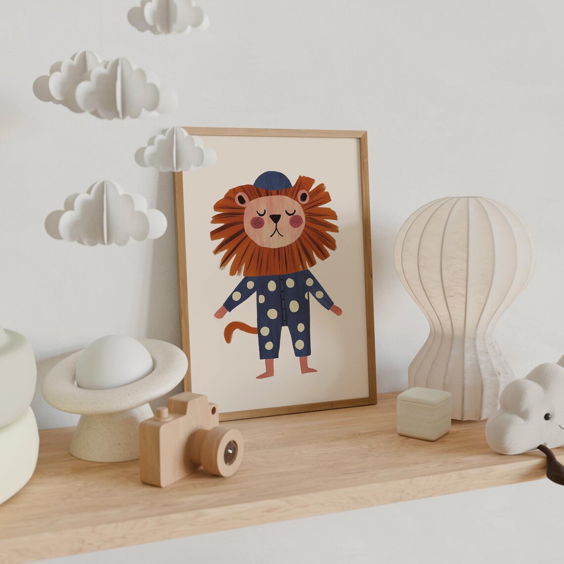 Sleepy Lion Navy Polka Dot Pajamas Nightcap Bedtime Nursery Wall Art Print - Image 6