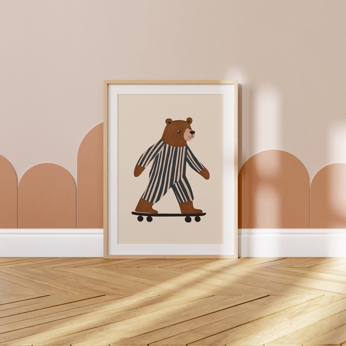Skateboarding Bear in Striped Pajamas Nursery Kids Room Poster - Image 3