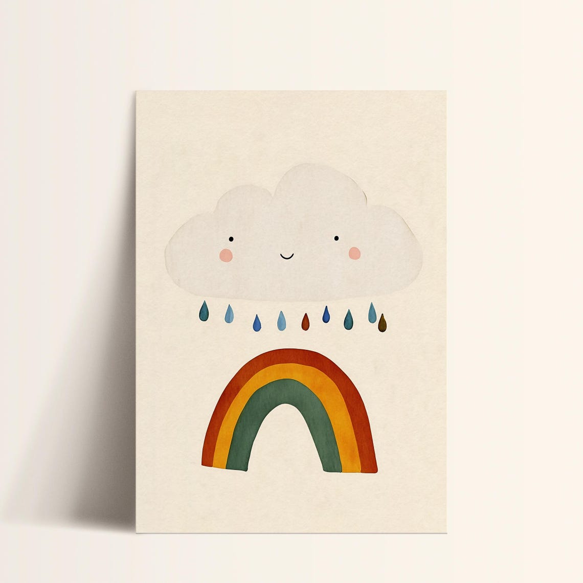 Smiling Cloud Rainbow Raindrops Colorful Modern Nursery Art Poster