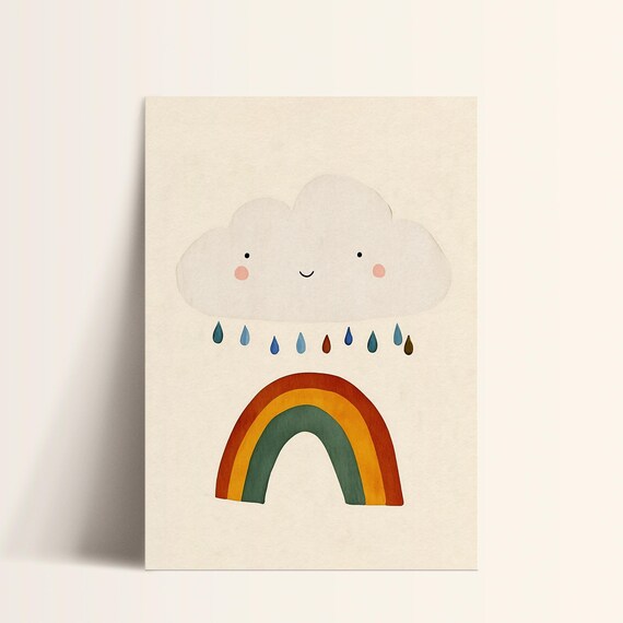 Smiling Cloud Rainbow Raindrops Colorful Modern Nursery Art Poster