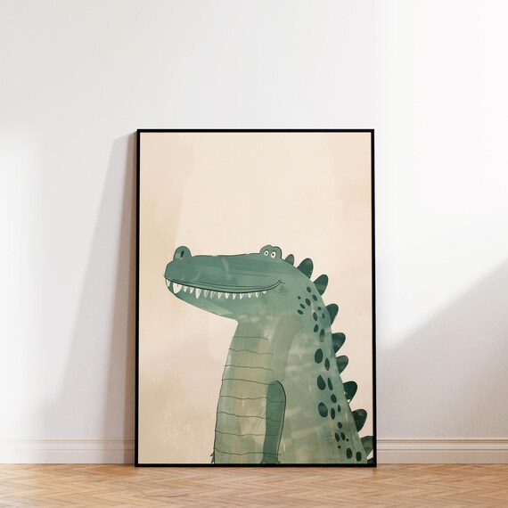 Friendly Smiling Crocodile Portrait Cute Green Kids Nursery Poster