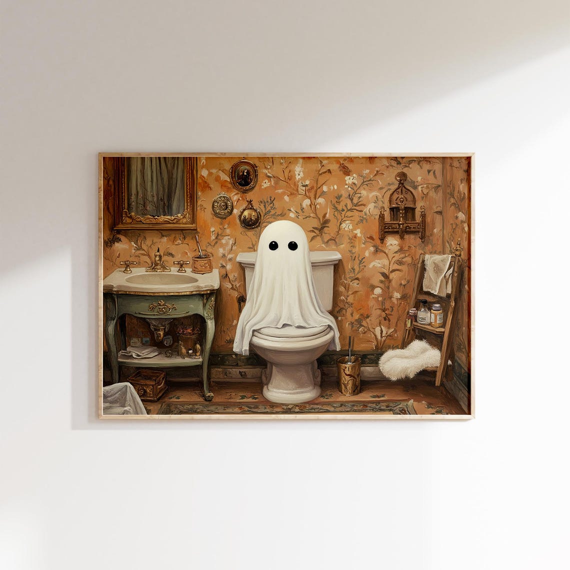 Vintage Bathroom Ghost Art Poster Whimsical Halloween Toilet Decor - Image 2