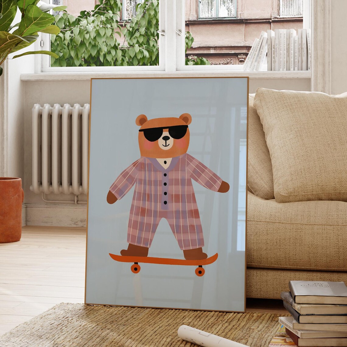 Cool Skateboard Bear Sunglasses Pajamas Blue Kids Room Wall Poster - Image 2