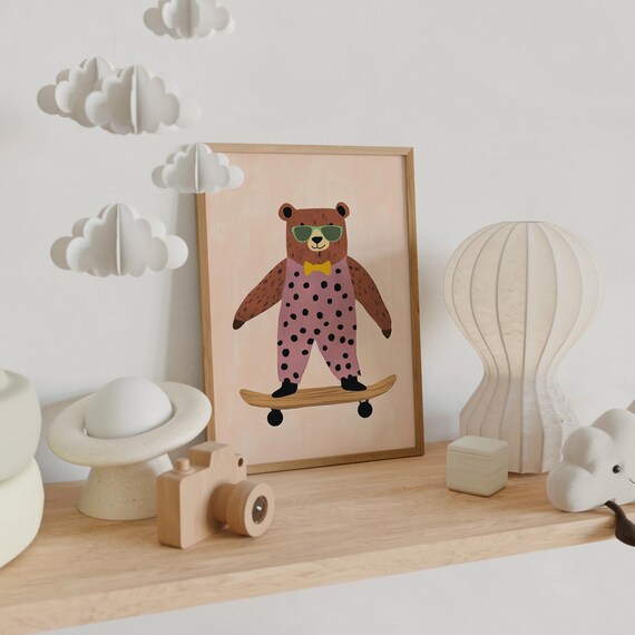 Pink Bear With Sunglasses Riding Skateboard Nursery Kids Animal Poster