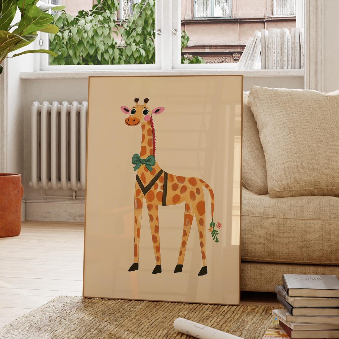 Dapper Giraffe With Green Bow Tie Cute Safari Nursery Art Poster