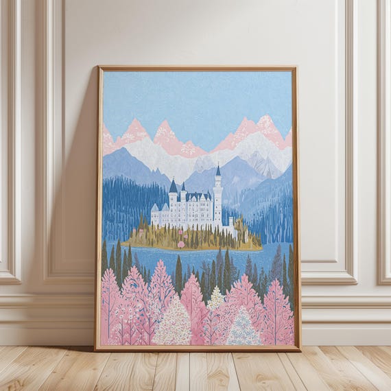 Neuschwanstein Castle Wall Art Print Pink Spring German Fairytale Architecture Poster Mountain Lake Decor