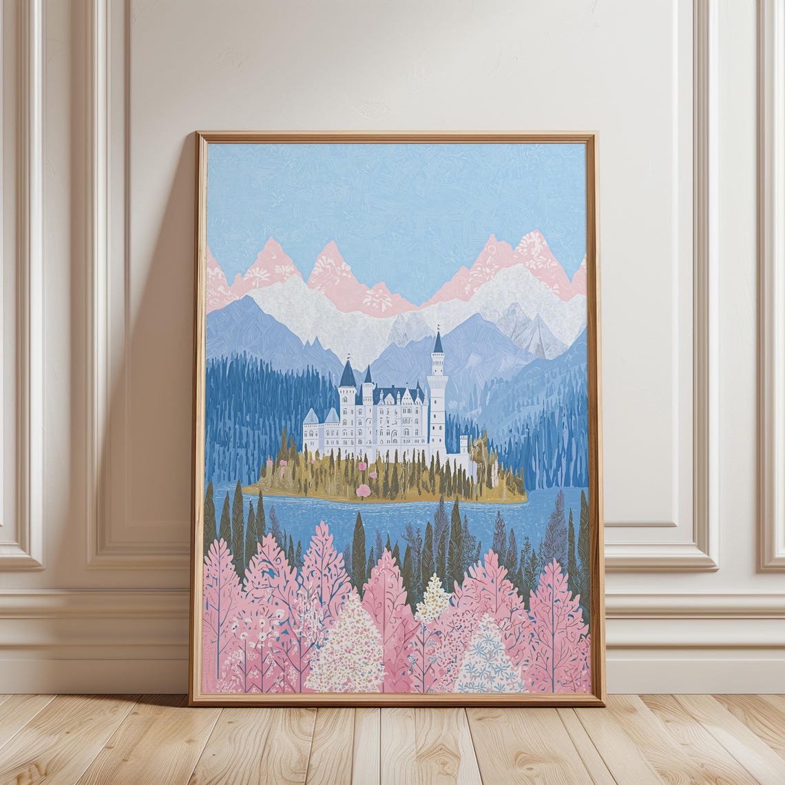 Neuschwanstein Castle Wall Art Print Pink Spring German Fairytale Architecture Poster Mountain Lake Decor